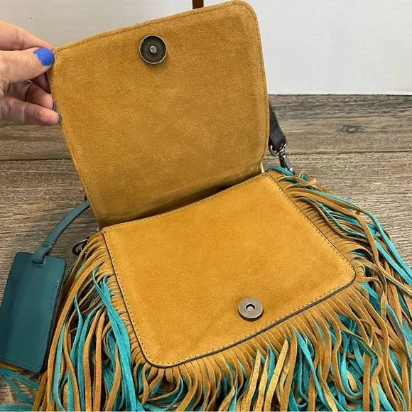 Zara Woman Fringe Suede Crossbody Bag - Tan and Teal. Pre-owned. - Picture 6 of 12